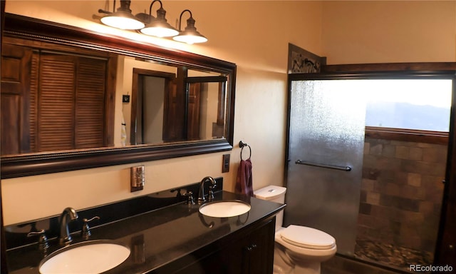 bathroom with a shower, vanity, and toilet