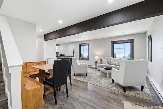11390 Shimley Rd, Golden, CO 80403 - dining area featuring a baseboard radiator, wood finished floors, recessed lighting, stairway, and baseboards