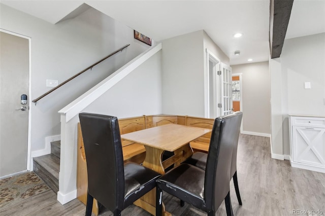 11390 Shimley Rd, Golden, CO 80403 - dining space with stairs, light wood-style flooring, baseboards, and recessed lighting
