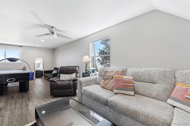 11390 Shimley Rd, Golden, CO 80403 - living room featuring wood finished floors, healthy amount of natural light, a ceiling fan, and recessed lighting