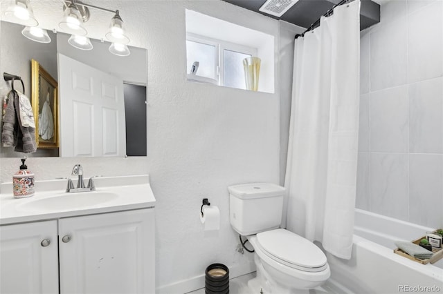 11390 Shimley Rd, Golden, CO 80403 - full bath with toilet, vanity, shower / bath combo with shower curtain, and a textured wall