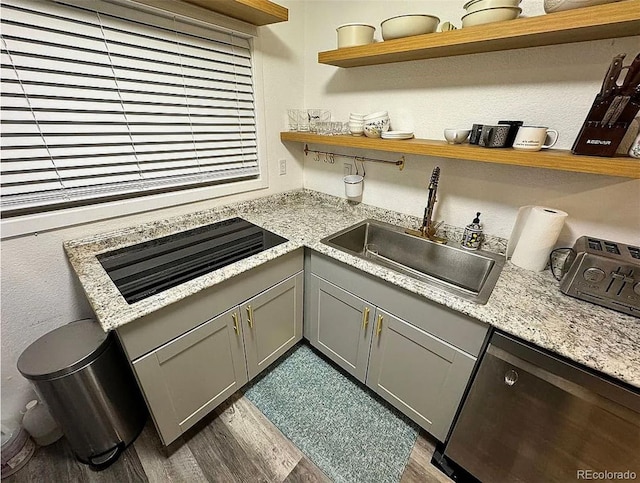 2815 S Dexter Way, Denver, CO 80222 - kitchen with open shelves, dishwasher, a sink, and gray cabinetry