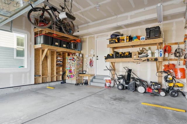 garage with a garage door opener and a workshop area