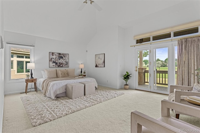 15876 Double Eagle Dr, Morrison, CO 80465 - bedroom with carpet floors, access to exterior, high vaulted ceiling, and a ceiling fan