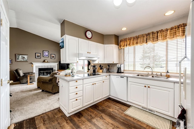 41020 US Highway 36, Bennett, CO 80102 - kitchen with dishwasher, under cabinet range hood, black electric cooktop, white cabinetry, and a tile fireplace