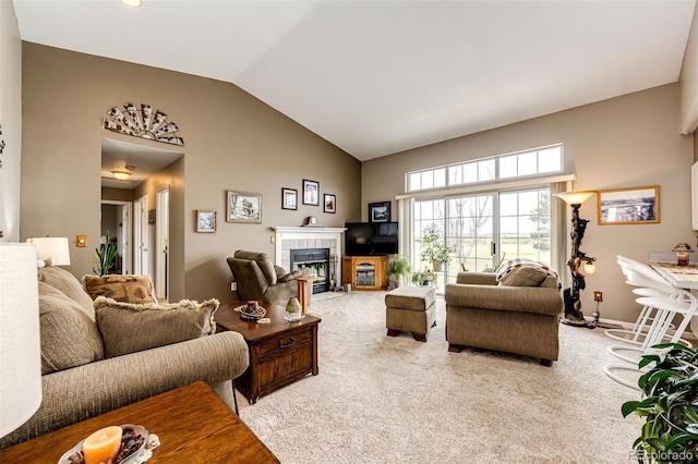 41020 US Highway 36, Bennett, CO 80102 - living room with carpet flooring, high vaulted ceiling, and a fireplace