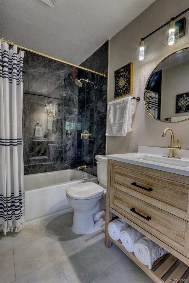 10420 Marion St, Northglenn, CO 80233 - full bathroom featuring vanity, shower / tub combo, toilet, a textured ceiling, and a textured wall