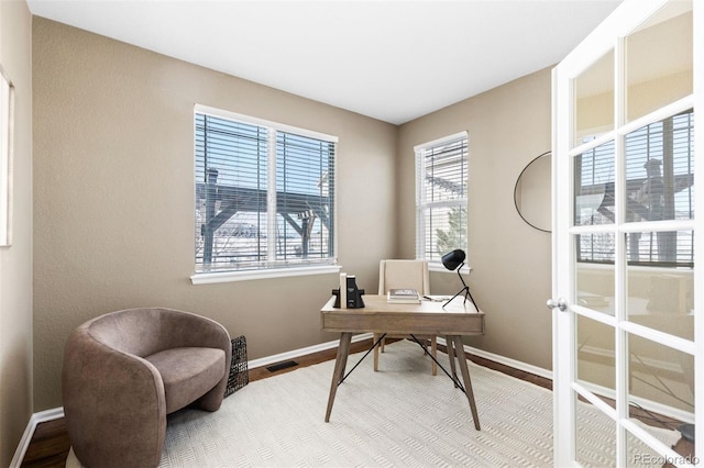 office area featuring a wealth of natural light and hardwood / wood-style flooring