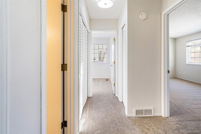 hall featuring light carpet and a textured ceiling