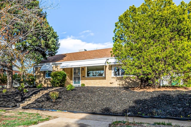 single story home with brick siding and a shingled roof