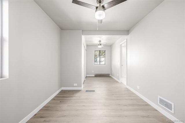 unfurnished dining area with light wood-style floors, baseboards, a ceiling fan, and visible vents