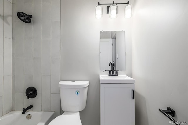 full bathroom with toilet, vanity, and tub / shower combination
