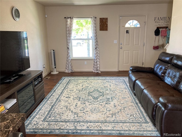 living room featuring dark wood-type flooring