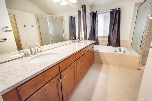 17672 E Weaver Pl, Aurora, CO 80016 - bathroom with a stall shower, double vanity, a bath, and tile patterned floors