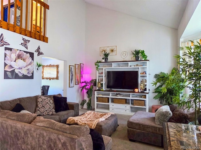20391 E 42nd Ave, Denver, CO 80249 - living area with high vaulted ceiling and carpet floors