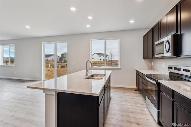 kitchen with a center island with sink, sink, decorative backsplash, appliances with stainless steel finishes, and light hardwood / wood-style floors