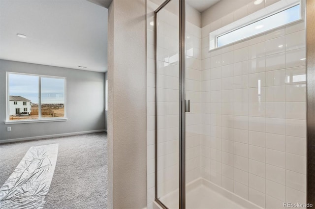 bathroom with plenty of natural light and a shower with shower door