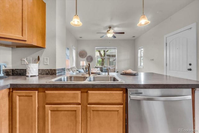 3372 Central Park Blvd, Denver, CO 80238 - kitchen featuring dishwasher, a sink, a ceiling fan, a peninsula, and dark countertops
