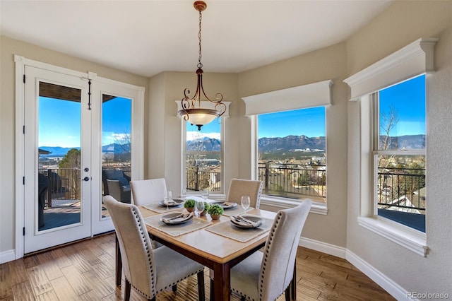 dining room with plenty of natural light, wood finished floors, a mountain view, and baseboards