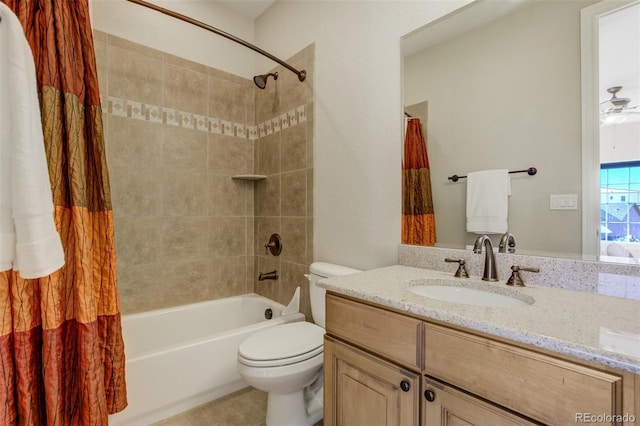 full bathroom featuring shower / tub combo, tile patterned flooring, vanity, and toilet