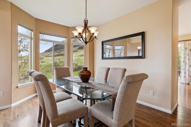dining area featuring baseboards, a notable chandelier, plenty of natural light, and wood finished floors