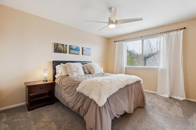 bedroom with baseboards, ceiling fan, and carpet