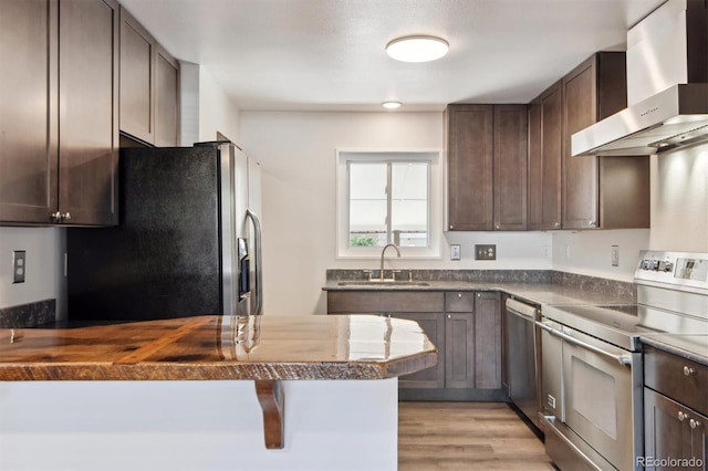 kitchen featuring wall chimney range hood, sink, appliances with stainless steel finishes, dark brown cabinetry, and wood counters