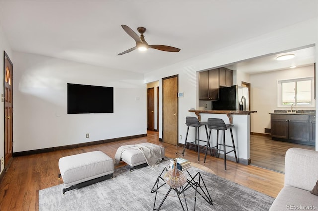 living room with ceiling fan, dark hardwood / wood-style floors, and sink