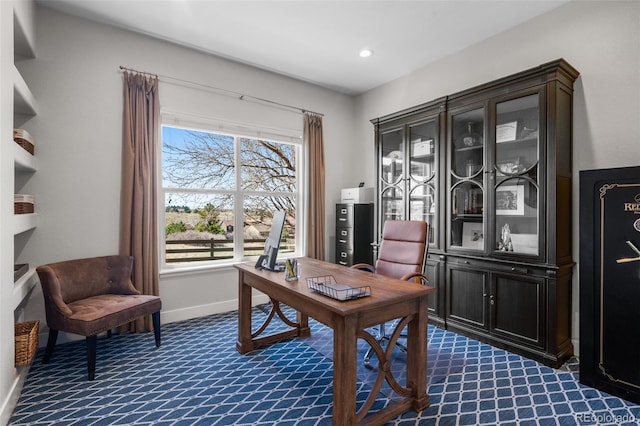 12119 S Wanderlust Way, Parker, CO 80138 - office area featuring dark colored carpet, baseboards, and recessed lighting