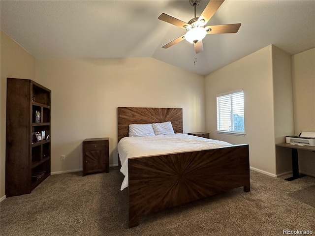 carpeted bedroom featuring baseboards, a ceiling fan, and lofted ceiling
