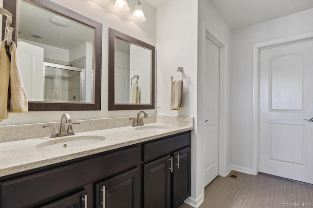 bathroom with a shower with door and vanity