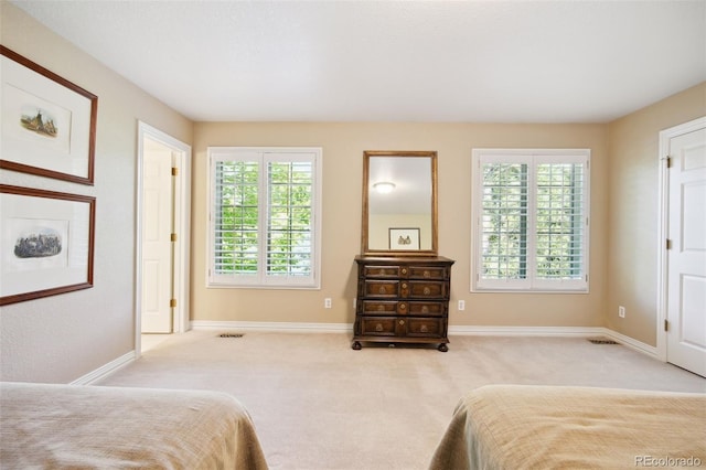 bedroom featuring multiple windows and light carpet