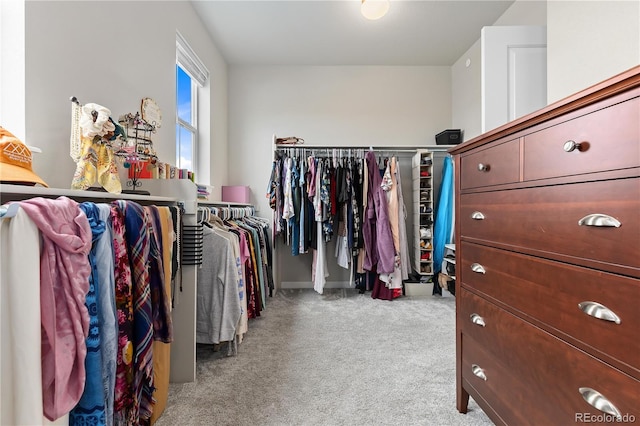 walk in closet featuring light carpet