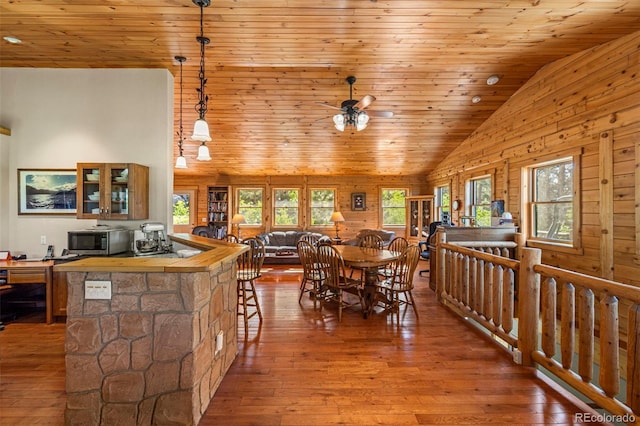 3980 County Rd 71, Guffey, CO 80820 - dining space with wood ceiling, hardwood / wood-style flooring, ceiling fan, and high vaulted ceiling