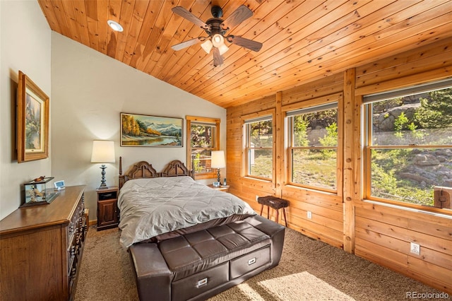 3980 County Rd 71, Guffey, CO 80820 - bedroom featuring carpet, lofted ceiling, wood ceiling, and wood walls