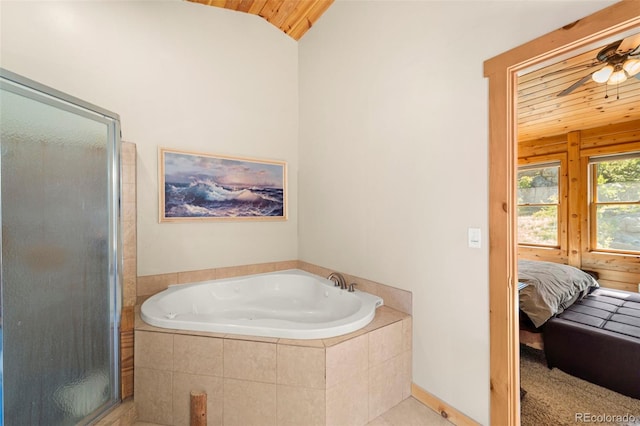 3980 County Rd 71, Guffey, CO 80820 - full bath with a stall shower, a garden tub, wood ceiling, ensuite bathroom, and lofted ceiling