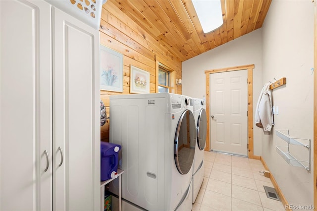 3980 County Rd 71, Guffey, CO 80820 - laundry room with washing machine and clothes dryer, light tile patterned floors, wood walls, and wood ceiling