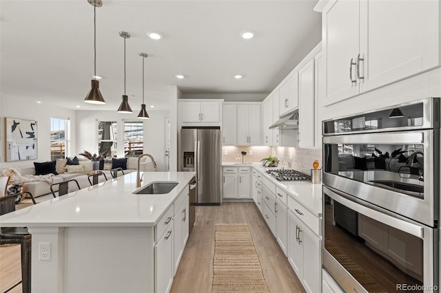 17412 W 93rd Pl, Arvada, CO 80007 - kitchen featuring appliances with stainless steel finishes, under cabinet range hood, light countertops, light wood-style floors, and decorative backsplash