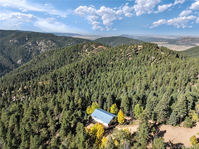 drone / aerial view of a forest and a mountainous background