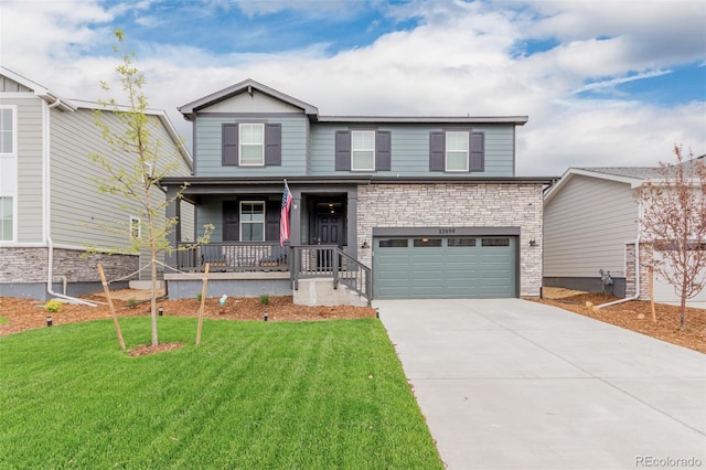 23998 E Atlantic Pl, Aurora, CO 80018 - craftsman-style house with a porch, a garage, a front yard, and concrete driveway