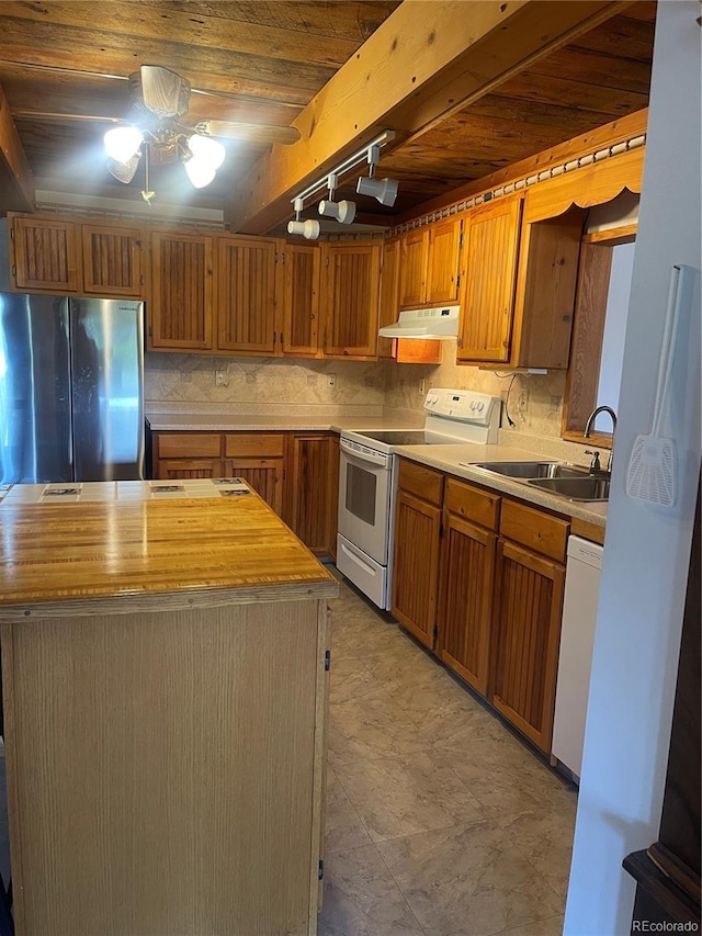 60 Pawnee Path, Lake George, CO 80827 - kitchen featuring white appliances, under cabinet range hood, a center island, a wood ceiling with exposed beams, and backsplash