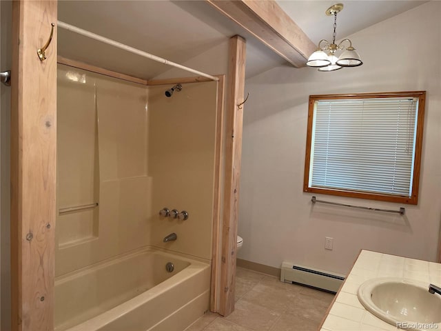60 Pawnee Path, Lake George, CO 80827 - full bathroom featuring baseboard heating, bathing tub / shower combination, vanity, tile patterned floors, and a chandelier