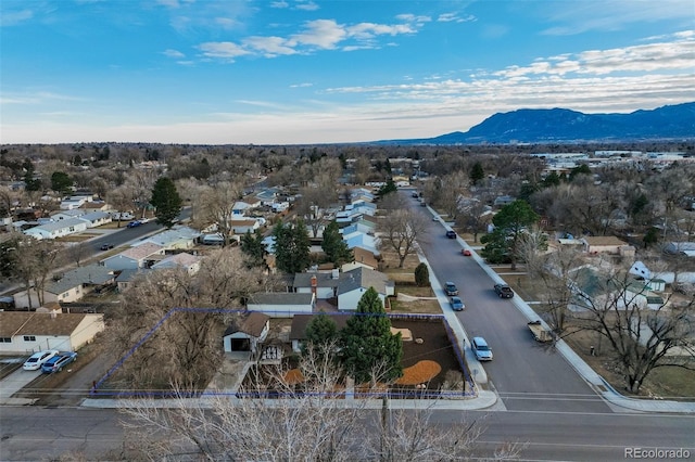 aerial view featuring a mountain view and a residential view