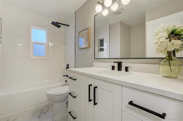 full bath featuring visible vents, toilet, bathtub / shower combination, marble finish floor, and vanity