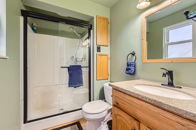 full bath featuring vanity, a shower stall, and toilet