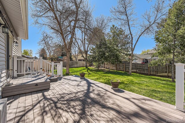 wooden terrace with a fenced backyard and a yard