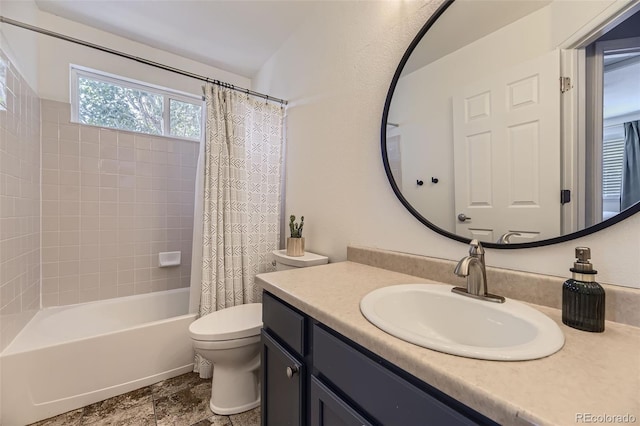 full bathroom with vanity, toilet, and shower / bath combo with shower curtain