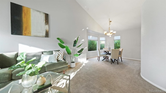 5150 Morning Glory Pl, Highlands Ranch, CO 80130 - carpeted living area with a chandelier and high vaulted ceiling