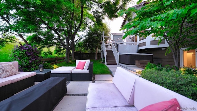 5150 Morning Glory Pl, Highlands Ranch, CO 80130 - view of patio / terrace with outdoor lounge area, stairs, and a hot tub