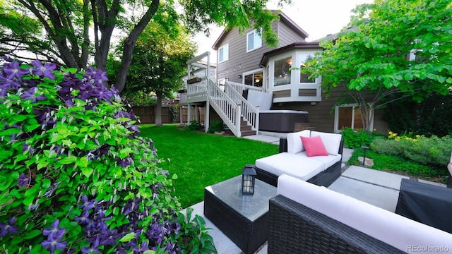 5150 Morning Glory Pl, Highlands Ranch, CO 80130 - view of yard featuring an outdoor living space, a deck, a jacuzzi, and stairway